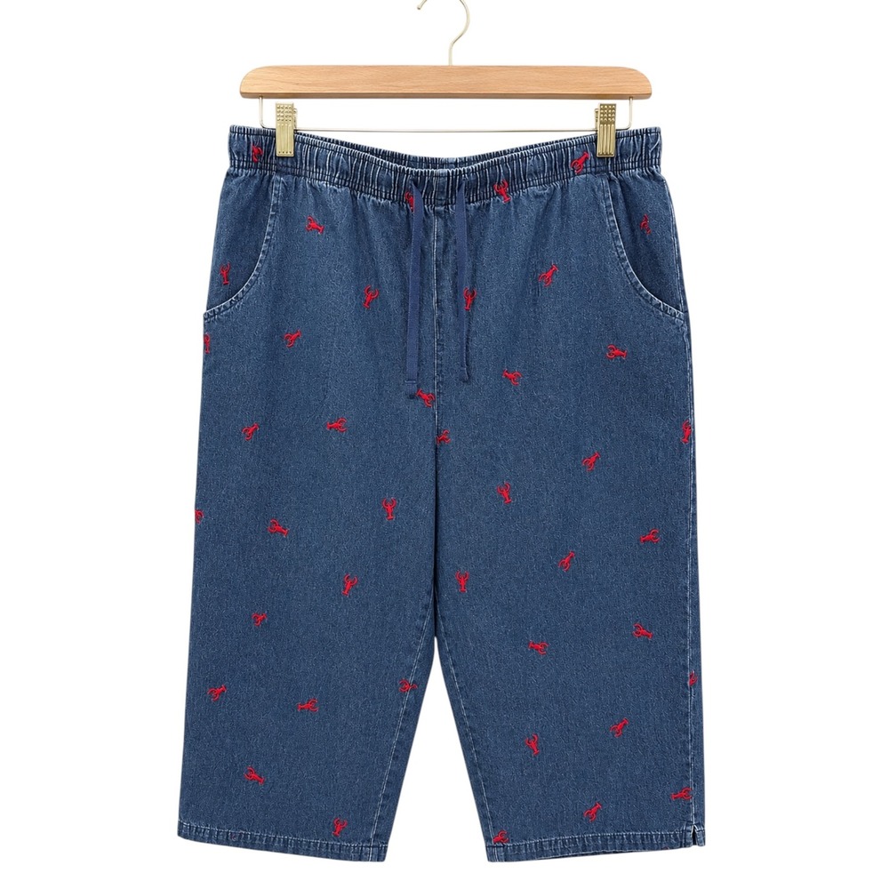Lobster Embroidered Denim Capri Pants Blue Medium Wash Elastic Waist Coastal